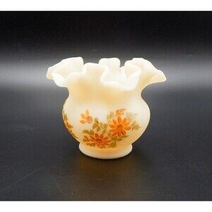 Fenton Hand Painted Yellow Daisy on Satin Custard Glass Rose Bowl Vase Ruffled